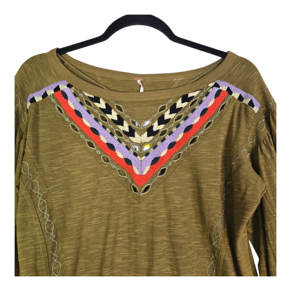 Free People Women's XS Olive Moss Embroidered Long Sleeve Crop Top - Picture 2 of 13